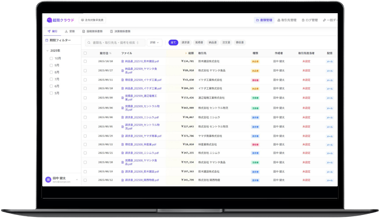 電子帳簿保存法対応クラウド書類管理『超簡クラウド』の画面イメージ